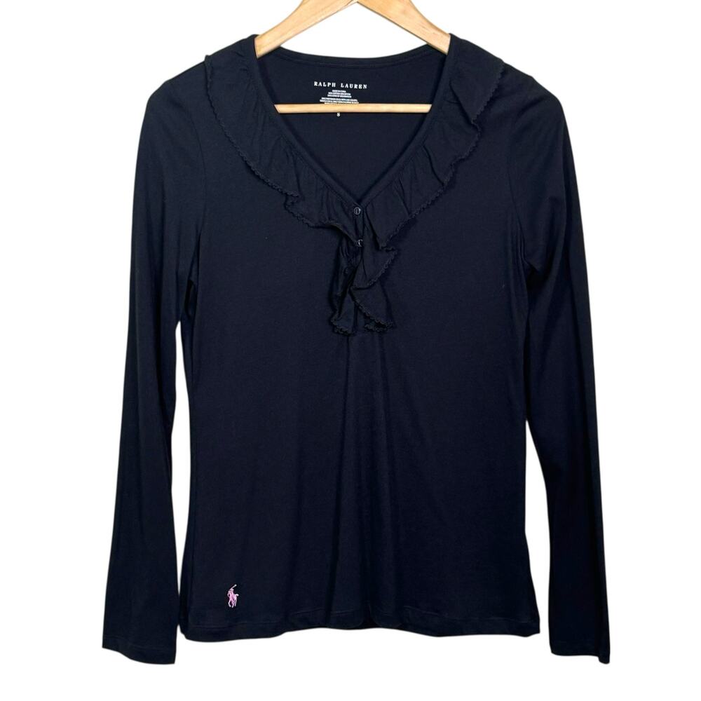 Ralph Lauren Pink Pony Black Ruffled Collar Long Sleeve Shirt